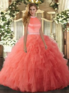Trendy Halter Top Sleeveless Backless Quinceanera Gown Orange Red Organza