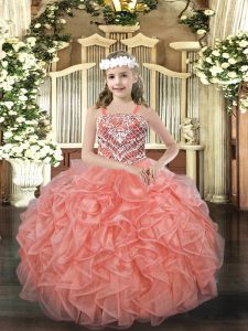 Discount Orange Red Sleeveless Floor Length Beading and Ruffles Lace Up High School Pageant Dress