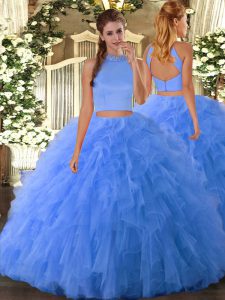 Admirable Floor Length Baby Blue Ball Gown Prom Dress Tulle Sleeveless Beading and Ruffles