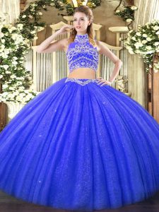 Blue Two Pieces Tulle High-neck Sleeveless Beading Floor Length Backless Sweet 16 Quinceanera Dress