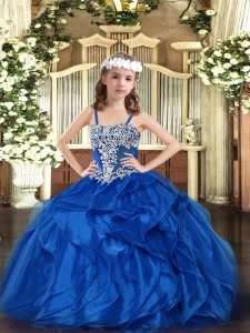 Organza Straps Sleeveless Lace Up Appliques and Ruffles Pageant Dress for Womens in Blue
