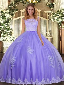 Unique Lavender Vestidos de Quinceanera Military Ball and Sweet 16 and Quinceanera with Lace and Appliques Scoop Sleeveless Clasp Handle