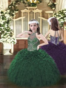 Modern Dark Green Halter Top Neckline Beading and Ruffles Little Girl Pageant Dress Sleeveless Lace Up