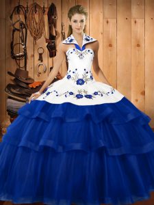 Halter Top Sleeveless Sweep Train Lace Up Quinceanera Gown Blue Organza