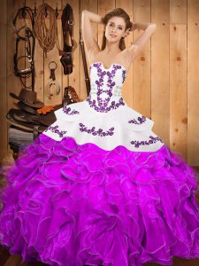 Purple Satin and Organza Lace Up Strapless Sleeveless Floor Length 15th Birthday Dress Embroidery and Ruffles