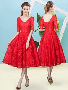 Luxury Red Half Sleeves Bowknot Tea Length Quinceanera Court of Honor Dress