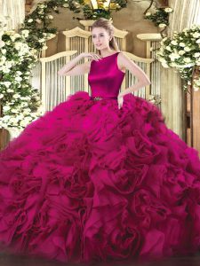 Exceptional Sleeveless Floor Length Belt Clasp Handle Ball Gown Prom Dress with Fuchsia