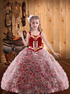 Embroidery and Ruffles Kids Pageant Dress Red Lace Up Sleeveless Floor Length