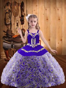Multi-color Ball Gowns Embroidery and Ruffles Child Pageant Dress Lace Up Fabric With Rolling Flowers Sleeveless Floor Length