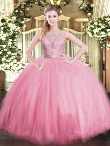 Floor Length Baby Pink Quinceanera Dresses Tulle Sleeveless Lace