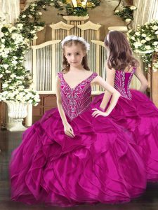 Stylish Fuchsia Organza Lace Up Little Girl Pageant Gowns Sleeveless Floor Length Beading and Ruffles