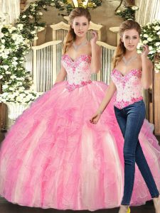 Latest Organza Sweetheart Sleeveless Lace Up Beading and Ruffles Sweet 16 Quinceanera Dress in Rose Pink