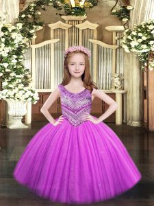 Perfect Lilac Ball Gowns Tulle Scoop Sleeveless Beading Floor Length Lace Up Pageant Gowns For Girls