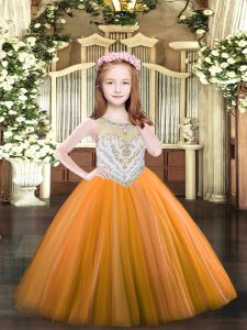 Orange Ball Gowns Tulle Scoop Sleeveless Beading Floor Length Zipper Little Girls Pageant Gowns