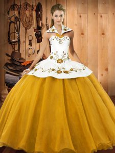 Admirable Gold Sleeveless Floor Length Embroidery Lace Up Quinceanera Gown