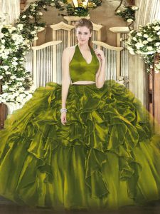 Sleeveless Floor Length Ruffles Zipper Sweet 16 Dress with Olive Green