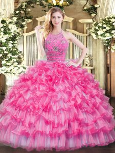 Fashion Sleeveless Tulle Floor Length Zipper Sweet 16 Quinceanera Dress in Hot Pink with Beading and Ruffled Layers