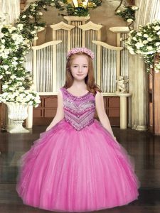 Fashion Rose Pink Lace Up Scoop Beading and Ruffles Little Girls Pageant Gowns Tulle Sleeveless