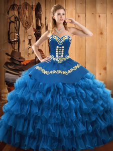 Hot Selling Blue Satin and Organza Lace Up Quince Ball Gowns Sleeveless Floor Length Embroidery and Ruffled Layers
