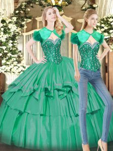 Fashionable Floor Length Lace Up Sweet 16 Dress Turquoise for Military Ball and Sweet 16 and Quinceanera with Beading and Ruffled Layers
