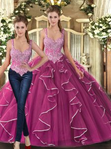 Fuchsia Ball Gowns Beading and Ruffles Quinceanera Dress Lace Up Tulle Sleeveless Floor Length