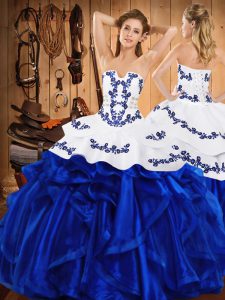 Suitable Strapless Sleeveless Satin and Organza Sweet 16 Quinceanera Dress Embroidery and Ruffles Lace Up