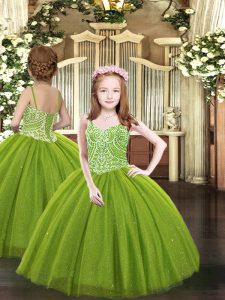 Most Popular Olive Green Sleeveless Tulle Lace Up Kids Formal Wear for Party and Quinceanera