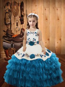 Affordable Teal Lace Up Straps Embroidery and Ruffled Layers Little Girls Pageant Gowns Organza Sleeveless