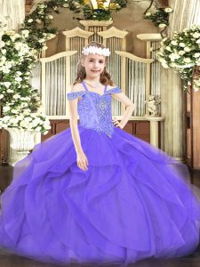 Lavender Ball Gowns Beading and Ruffles Little Girls Pageant Dress Lace Up Tulle Sleeveless Floor Length
