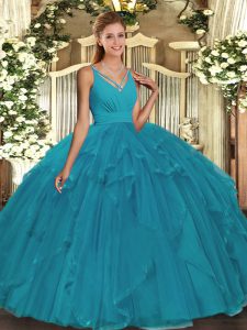 High Quality V-neck Sleeveless Quinceanera Gowns Floor Length Ruffles Teal Organza