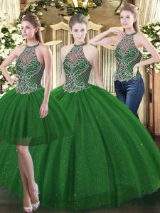 Beautiful Dark Green Lace Up High-neck Beading Vestidos de Quinceanera Tulle Sleeveless