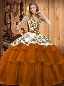 Modern Embroidery Quinceanera Gown Rust Red Lace Up Sleeveless Sweep Train