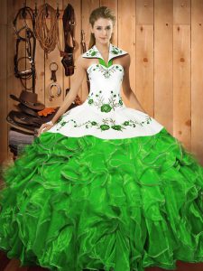 Floor Length Green Sweet 16 Dresses Halter Top Sleeveless Lace Up