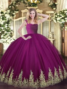 Adorable Sleeveless Floor Length Lace and Appliques Zipper 15 Quinceanera Dress with Fuchsia
