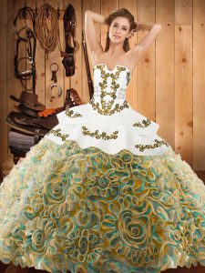 Multi-color Strapless Lace Up Embroidery Quinceanera Dress Sweep Train Sleeveless