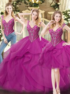 Fuchsia V-neck Neckline Beading and Ruffles 15th Birthday Dress Sleeveless Lace Up