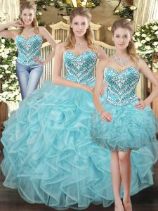 Clearance Floor Length Lace Up Quinceanera Dresses Aqua Blue for Military Ball and Sweet 16 and Quinceanera with Beading and Ruffles