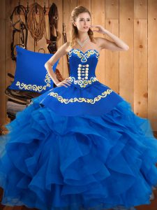 Blue Ball Gowns Sweetheart Sleeveless Satin and Organza Floor Length Lace Up Embroidery and Ruffles 15th Birthday Dress