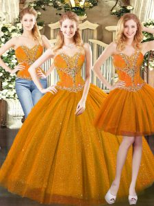 Chic Sleeveless Tulle Floor Length Lace Up Quinceanera Gowns in Orange Red with Beading