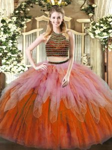 Comfortable Multi-color Two Pieces Tulle Halter Top Sleeveless Beading and Ruffles Floor Length Lace Up Sweet 16 Dresses
