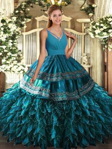 Sleeveless Organza Floor Length Backless Quince Ball Gowns in Blue with Ruffles