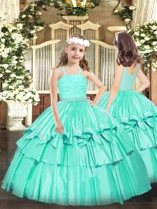 Elegant Sleeveless Floor Length Beading and Lace Zipper Pageant Gowns For Girls with Turquoise