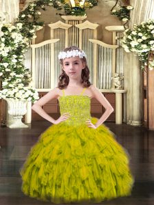 Olive Green Organza Lace Up Spaghetti Straps Sleeveless Floor Length Kids Formal Wear Beading and Ruffles