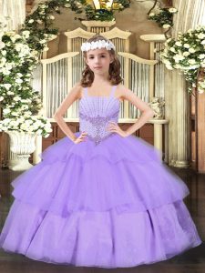 Floor Length Lace Up Little Girls Pageant Dress Wholesale Lavender for Party and Quinceanera with Beading and Ruffled Layers
