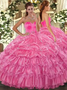 Elegant Floor Length Rose Pink Sweet 16 Dress Sweetheart Sleeveless Lace Up