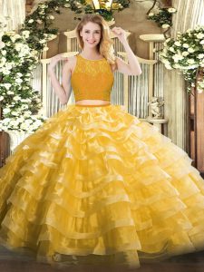 Gold Sleeveless Lace and Ruffled Layers Floor Length Vestidos de Quinceanera