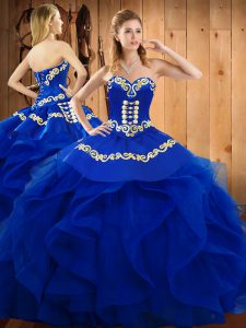 Fancy Blue Organza Lace Up Sweetheart Sleeveless Floor Length Sweet 16 Dress Embroidery and Ruffles