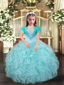 Aqua Blue and Apple Green Kids Pageant Dress Party and Sweet 16 and Quinceanera and Wedding Party with Beading and Ruffles Straps Sleeveless Lace Up