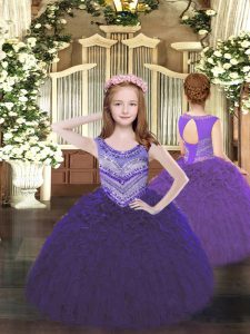 Floor Length Lace Up Little Girl Pageant Gowns Purple for Party and Quinceanera with Beading and Ruffles