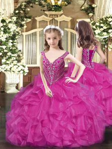 Fuchsia V-neck Neckline Beading and Ruffles Pageant Dress Wholesale Sleeveless Lace Up